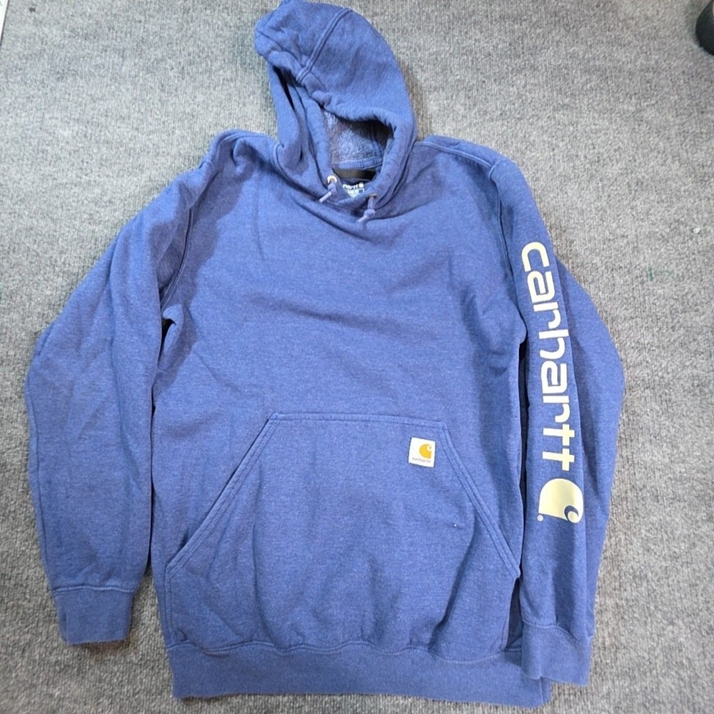 Carhartt Hoodie Mens Medium Blue Fleece Pullover Kangaroo Pocket Sleeve Logo